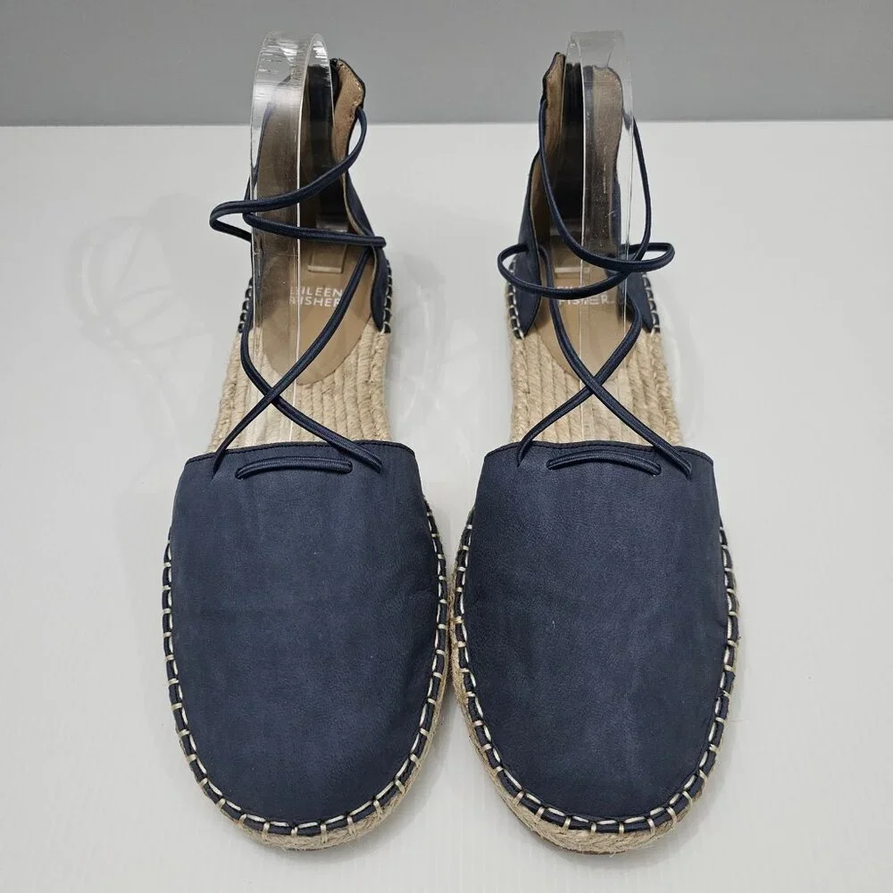 Eileen Fisher Lace Up Espadrille Flats Womens 11 Denim Blue Leather Sandal